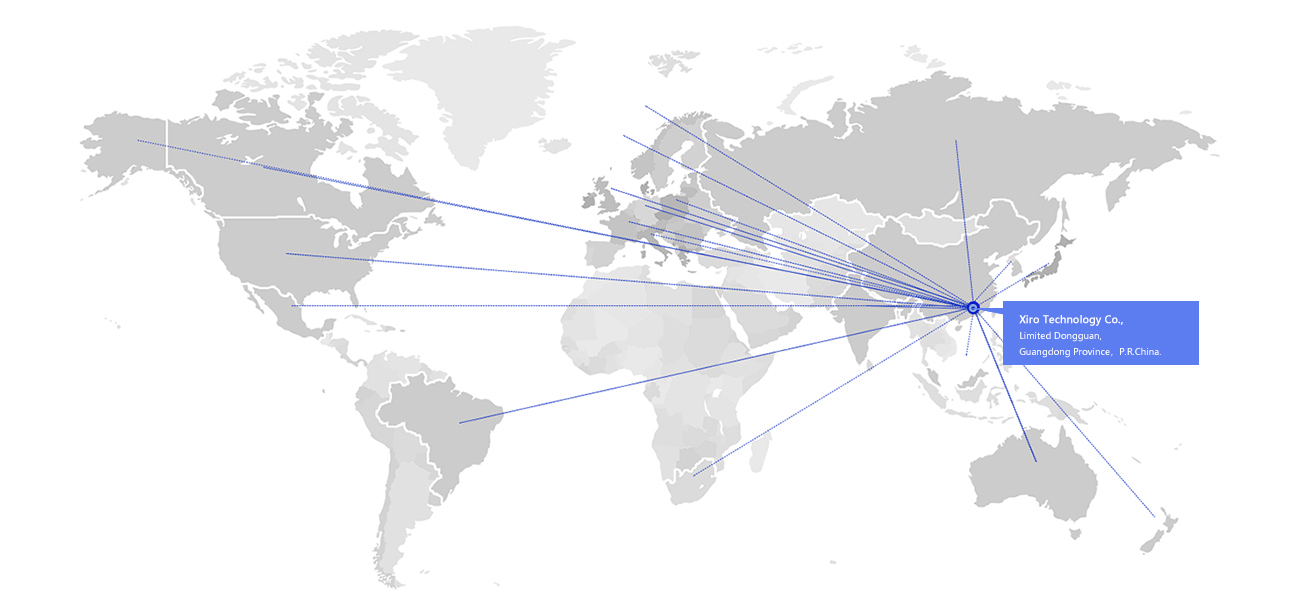 XIRO global sales network map showing worldwide export footprint for precision press equipment